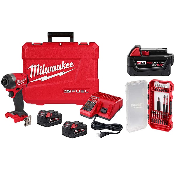Milwaukee Tool Impact Driver Kit, 18 V, 100 dB, 2.55 lb, Includes Batteries/Charger - 2953-22, 48-11-1850, 48-32-4403