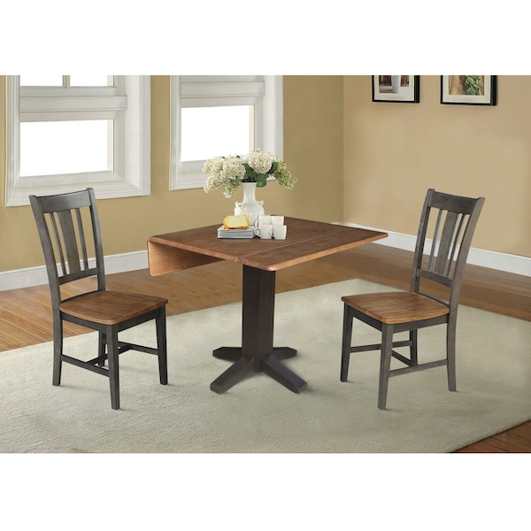 International Concepts 36 in. Solid Wood Square Dual Drop Leaf Dining Table with 2 Chairs in Hickory/Washed Coal - K45-36SDP-C10-2