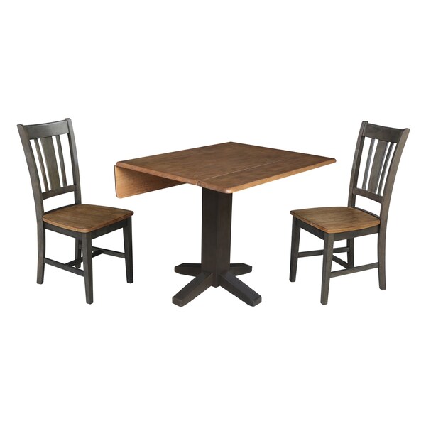 International Concepts 36 in. Solid Wood Square Dual Drop Leaf Dining Table with 2 Chairs in Hickory/Washed Coal - K45-36SDP-C10-2