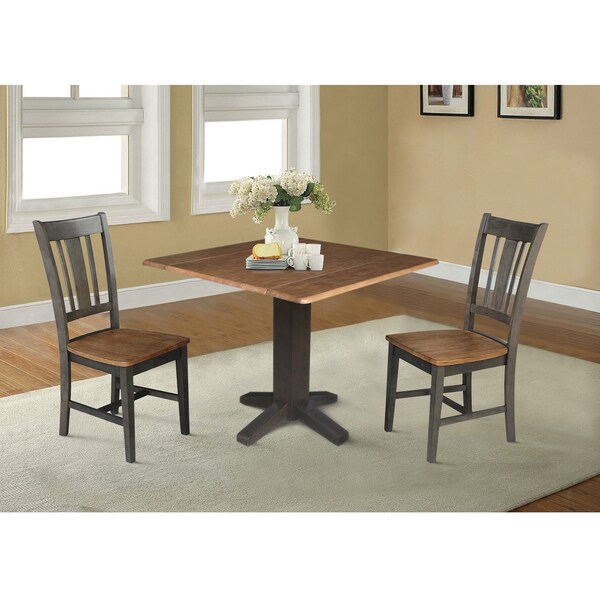 International Concepts 36 in. Solid Wood Square Dual Drop Leaf Dining Table with 2 Chairs in Hickory/Washed Coal - K45-36SDP-C10-2