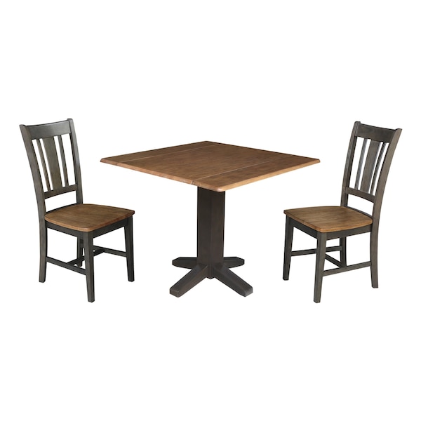 International Concepts 36 in. Solid Wood Square Dual Drop Leaf Dining Table with 2 Chairs in Hickory/Washed Coal - K45-36SDP-C10-2