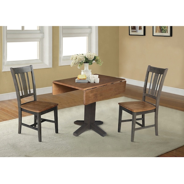International Concepts 36 in. Solid Wood Square Dual Drop Leaf Dining Table with 2 Chairs in Hickory/Washed Coal - K45-36SDP-C10-2