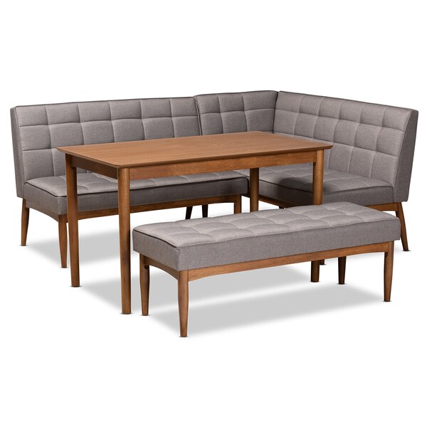 Baxton Studio Sanford Mid-Century Modern Grey Fabric and Walnut Brown Finished Wood 4-Piece Dining Nook Set - 184-11340-11342-9305-ZORO