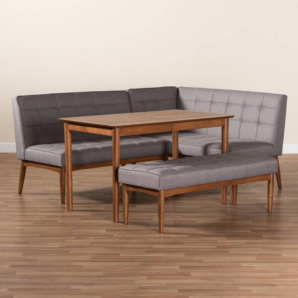 Baxton Studio Sanford Mid-Century Modern Grey Fabric and Walnut Brown Finished Wood 4-Piece Dining Nook Set - 184-11340-11342-9305-ZORO