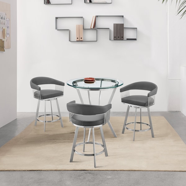 Armen Living Naomi and Chelsea 4-Piece Counter Height Dining Set in Brushed Stainless Steel and Gray Faux Leather - SETNMCHGRBS4
