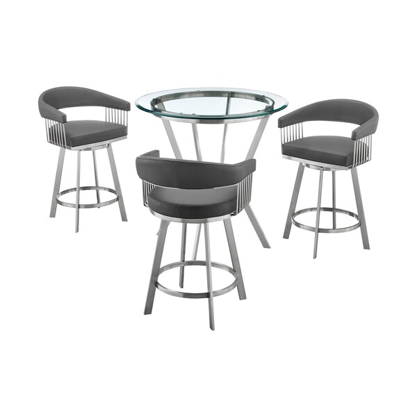 Armen Living Naomi and Chelsea 4-Piece Counter Height Dining Set in Brushed Stainless Steel and Gray Faux Leather - SETNMCHGRBS4