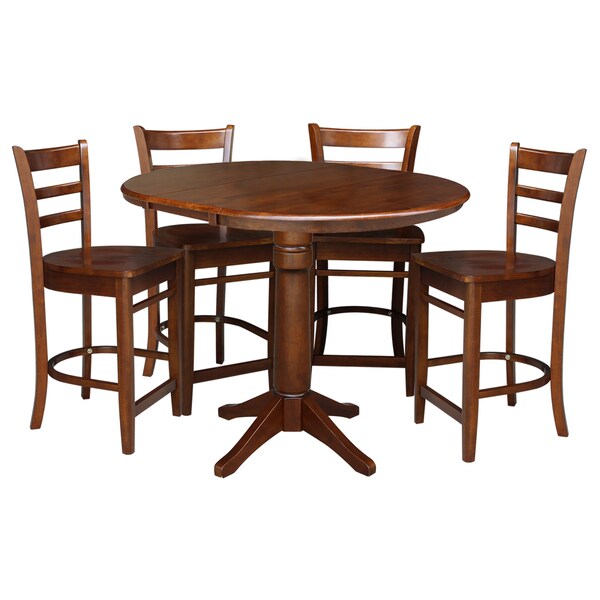 International Concepts 36 in. Round Extension Dining Table with 4 Emily Counter Height Stools - 5 Piece Set - K581-36RXT-27-S61724