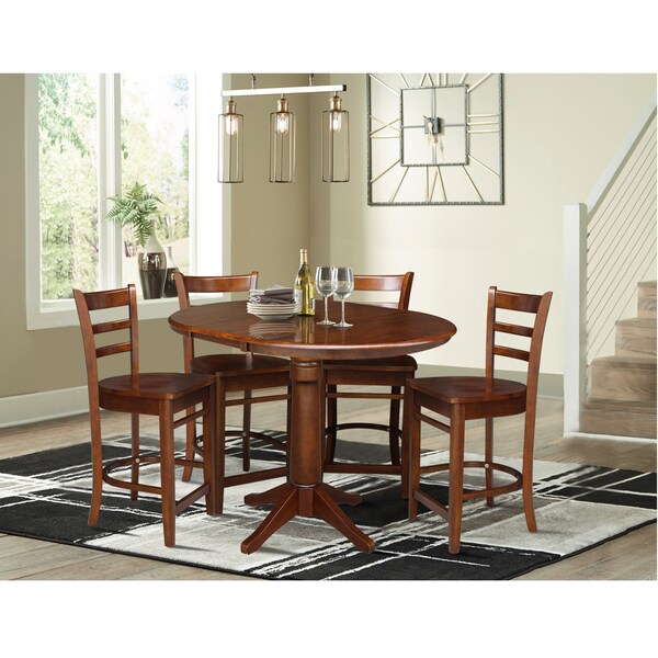 International Concepts 36 in. Round Extension Dining Table with 4 Emily Counter Height Stools - 5 Piece Set - K581-36RXT-27-S61724