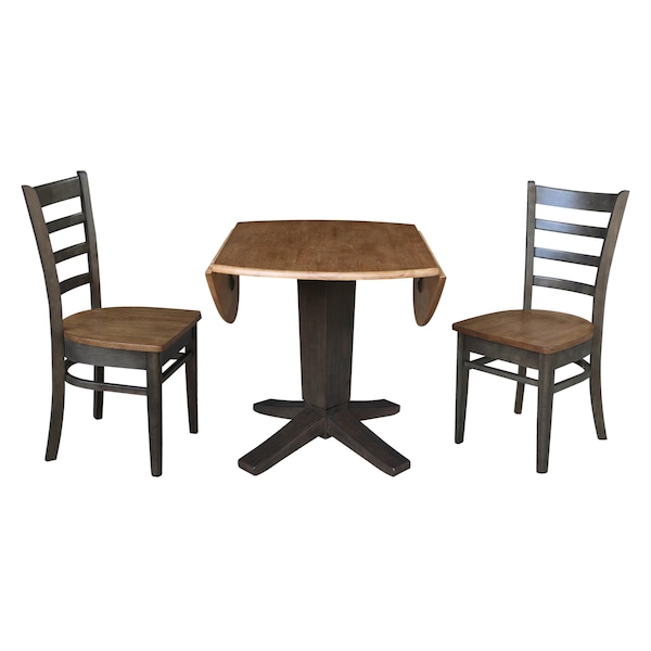 International Concepts 42 in. Solid Wood Round Drop Leaf Pedestal Table with 2 Dining Chairs in Hickory/Washed Coal - K45-42DPT-23B-C617-2