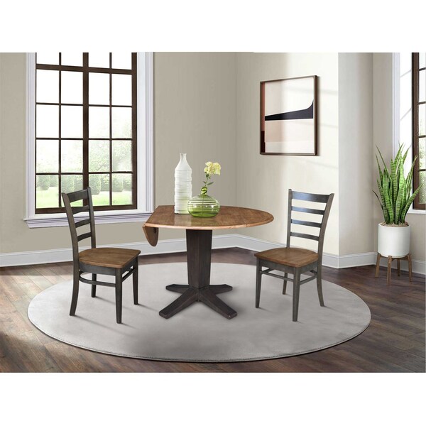 International Concepts 42 in. Solid Wood Round Drop Leaf Pedestal Table with 2 Dining Chairs in Hickory/Washed Coal - K45-42DPT-23B-C617-2
