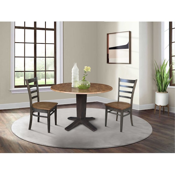 International Concepts 42 in. Solid Wood Round Drop Leaf Pedestal Table with 2 Dining Chairs in Hickory/Washed Coal - K45-42DPT-23B-C617-2