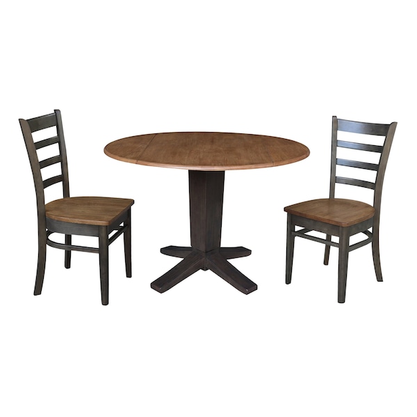 International Concepts 42 in. Solid Wood Round Drop Leaf Pedestal Table with 2 Dining Chairs in Hickory/Washed Coal - K45-42DPT-23B-C617-2