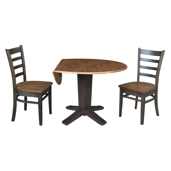 International Concepts 42 in. Solid Wood Round Drop Leaf Pedestal Table with 2 Dining Chairs in Hickory/Washed Coal - K45-42DPT-23B-C617-2