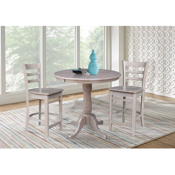 International Concepts 36 in. Round Counter Height Extension Dining Table w/12 in. Leaf and 2 Emily Counter Height Stools - K09-36RXT-S6172-2