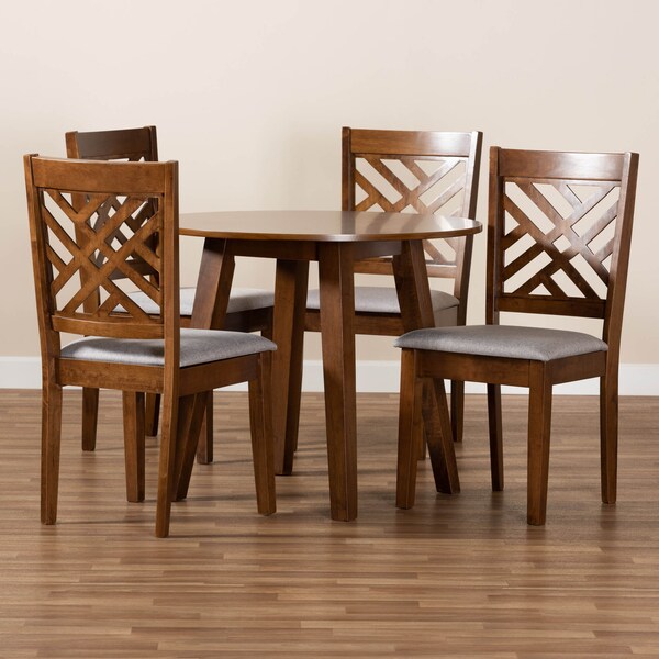 Baxton Studio Lilly Grey Upholstered and Walnut Wood 5-Piece Dining Set - 169-9881-10895