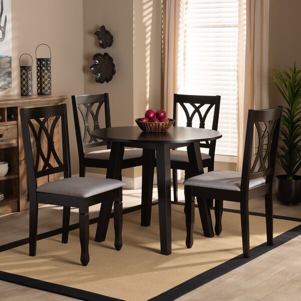 Baxton Studio Millie Grey Upholstered and Dark Brown Wood 5-Piece Dining Set - 169-9404-10896