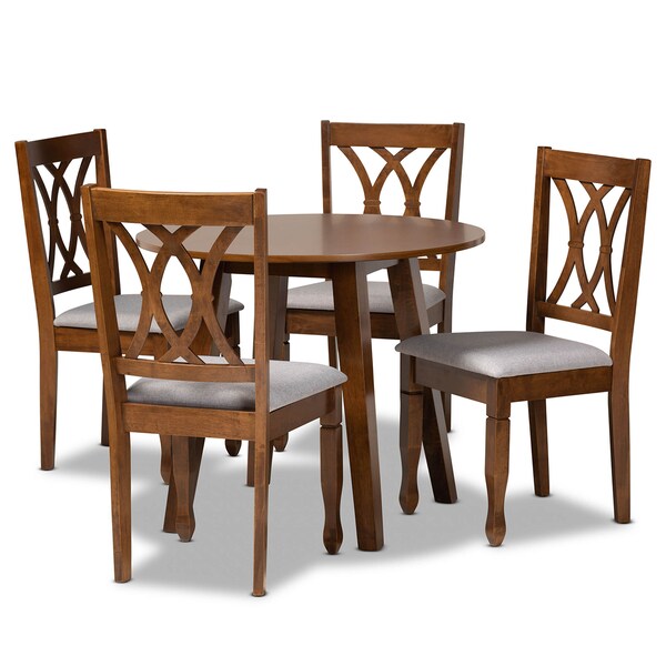 Baxton Studio Leon Grey Upholstered and Walnut Wood 5-Piece Dining Set - 173-9882-10895