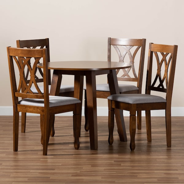 Baxton Studio Leon Grey Upholstered and Walnut Wood 5-Piece Dining Set - 173-9882-10895