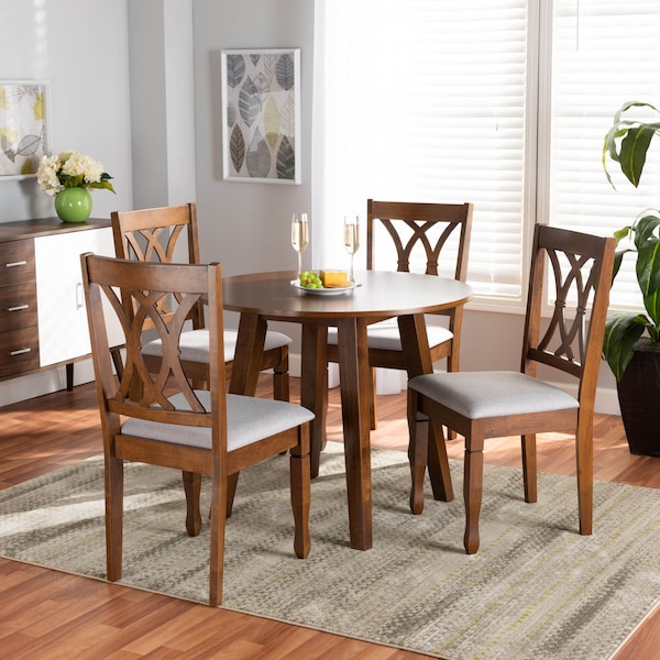 Baxton Studio Leon Grey Upholstered and Walnut Wood 5-Piece Dining Set - 173-9882-10895