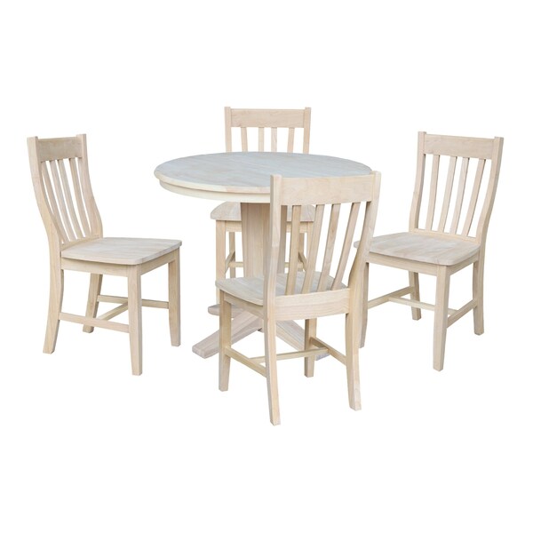 International Concepts 36 in.Round Extension Dining Table with 12 in.Leaf and 4 Dining Chairs in Unfinished - 5 Piece Set - K-36RXT-23B-C61-4