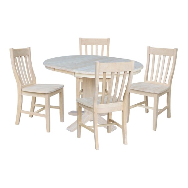 International Concepts 36 in.Round Extension Dining Table with 12 in.Leaf and 4 Dining Chairs in Unfinished - 5 Piece Set - K-36RXT-23B-C61-4