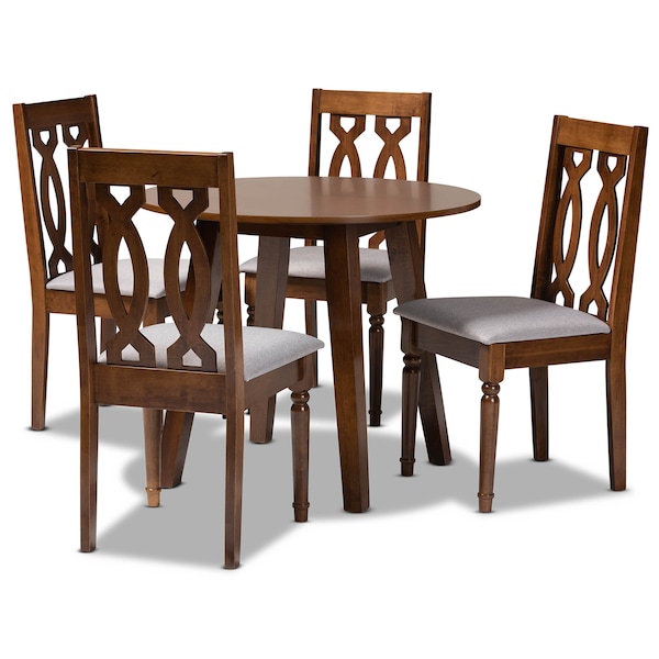 Baxton Studio Pia Grey Upholstered and Walnut Wood 5-Piece Dining Set - 170-9878-10895