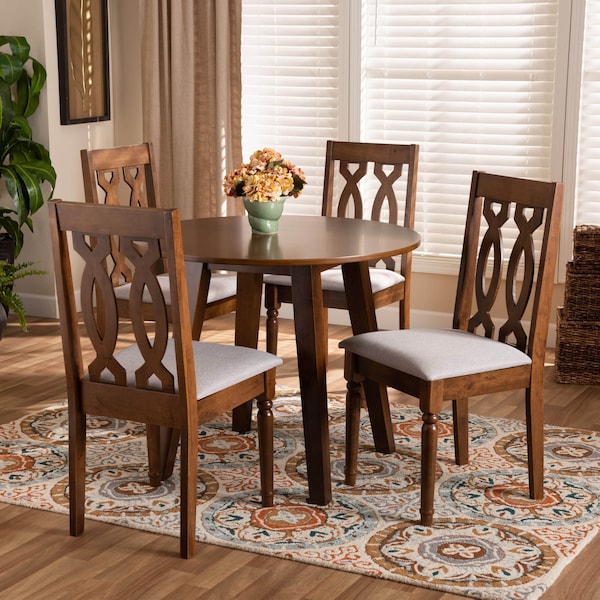 Baxton Studio Pia Grey Upholstered and Walnut Wood 5-Piece Dining Set - 170-9878-10895