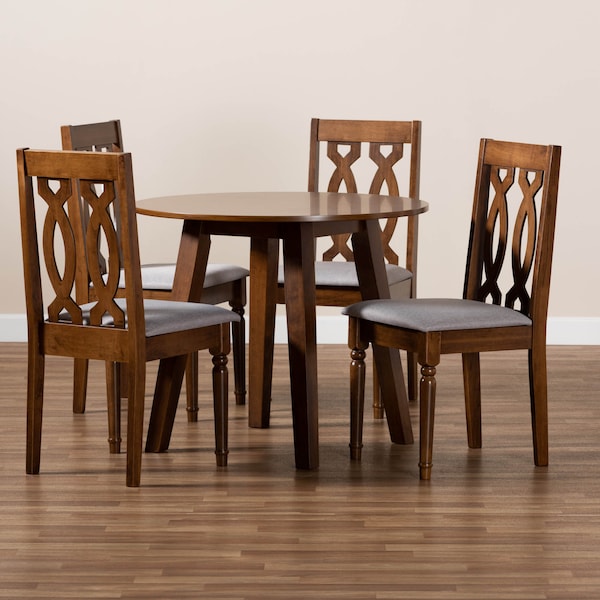 Baxton Studio Pia Grey Upholstered and Walnut Wood 5-Piece Dining Set - 170-9878-10895