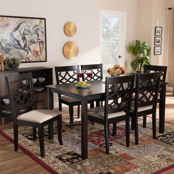 Baxton Studio Mael Sand Upholstered and Espresso Wood 7-Piece Dining Set - 166-10533-10519