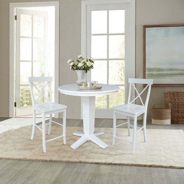 International Concepts 36 in. Solid Wood Round Extension Dining Table with 2 Counter Height Stools in White - K08-36RXT-23-S6132-2