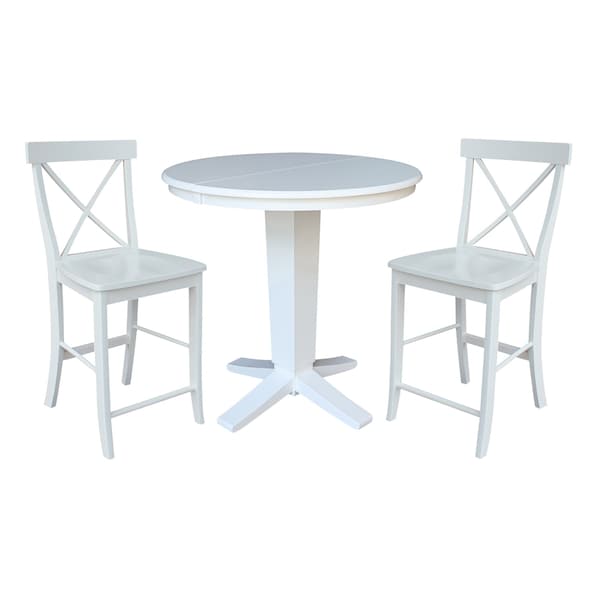 International Concepts 36 in. Solid Wood Round Extension Dining Table with 2 Counter Height Stools in White - K08-36RXT-23-S6132-2