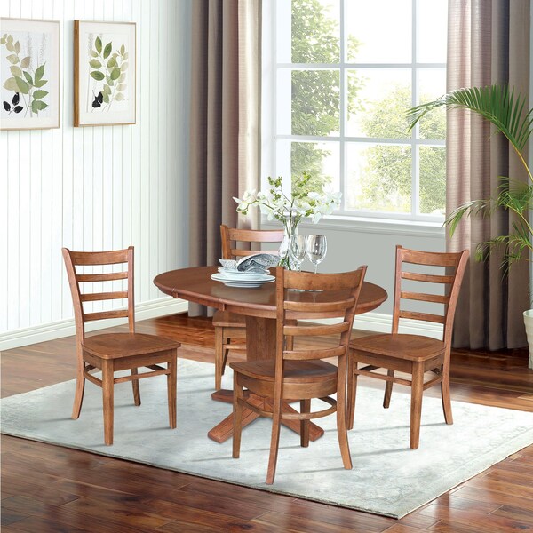 International Concepts 36 in. Solid Wood Round Extension Dining Table with 4 Dining Chairs in Distressed Oak - K42-36RXT-23B-C617-4