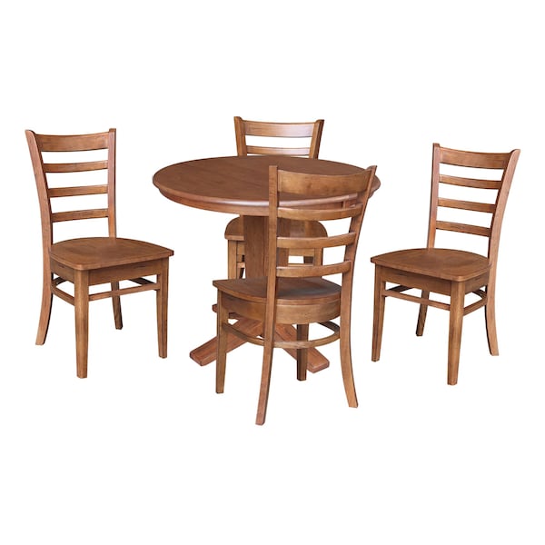 International Concepts 36 in. Solid Wood Round Extension Dining Table with 4 Dining Chairs in Distressed Oak - K42-36RXT-23B-C617-4