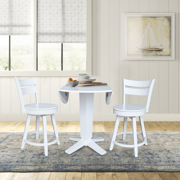 International Concepts 42 in. Solid Wood Dual Drop Leaf Dining Table with 2 Counter Height Stools in White - K08-42DPT-23-S800SW2