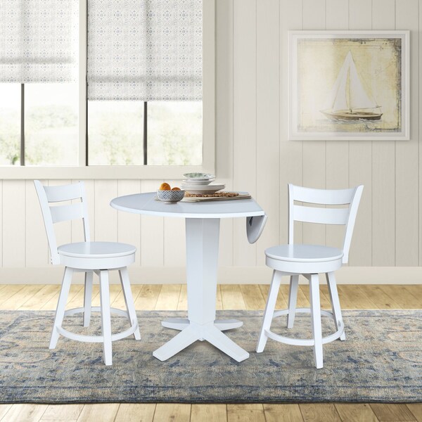 International Concepts 42 in. Solid Wood Dual Drop Leaf Dining Table with 2 Counter Height Stools in White - K08-42DPT-23-S800SW2