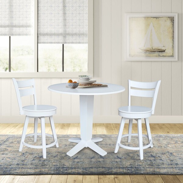 International Concepts 42 in. Solid Wood Dual Drop Leaf Dining Table with 2 Counter Height Stools in White - K08-42DPT-23-S800SW2