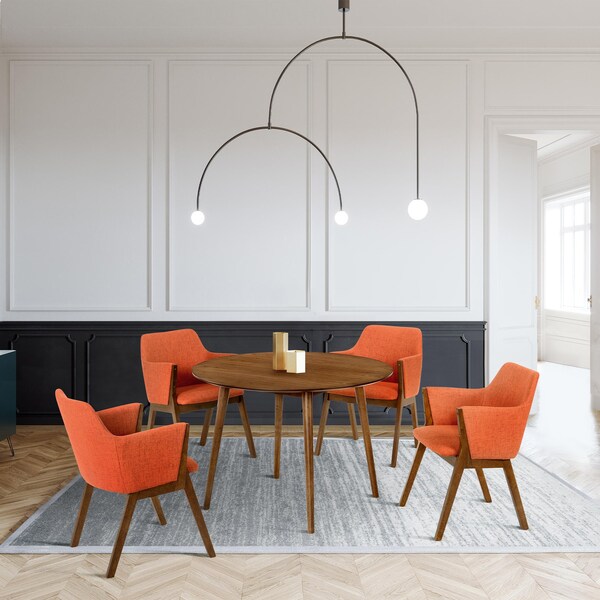 Armen Living Arcadia and Renzo 42" Round Orange and Walnut Wood 5 Piece Dining Set - SETARDI5REWAOR42