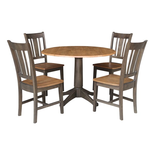 International Concepts Round Round 42 in. Dual Drop Leaf Dining Table with 4 Splatback Chairs in Hickory/Washed Coal, Wood - K45-42DPT-27B-C10-4