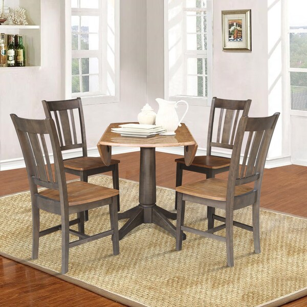 International Concepts Round Round 42 in. Dual Drop Leaf Dining Table with 4 Splatback Chairs in Hickory/Washed Coal, Wood - K45-42DPT-27B-C10-4