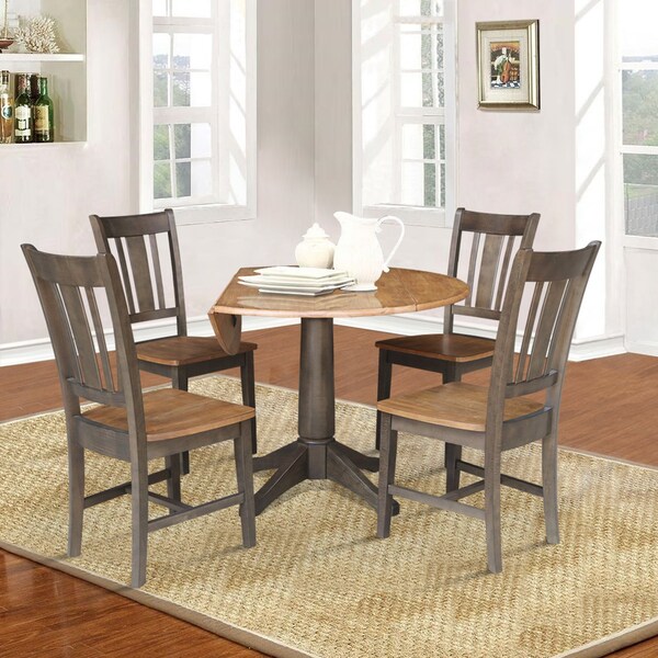 International Concepts Round Round 42 in. Dual Drop Leaf Dining Table with 4 Splatback Chairs in Hickory/Washed Coal, Wood - K45-42DPT-27B-C10-4