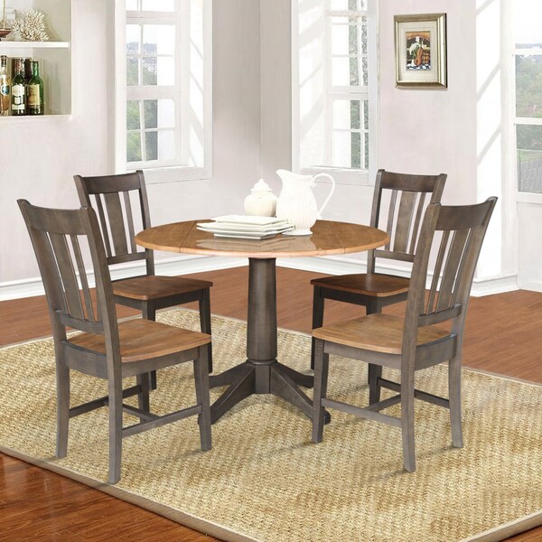 International Concepts Round Round 42 in. Dual Drop Leaf Dining Table with 4 Splatback Chairs in Hickory/Washed Coal, Wood - K45-42DPT-27B-C10-4
