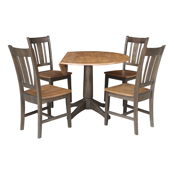 International Concepts Round Round 42 in. Dual Drop Leaf Dining Table with 4 Splatback Chairs in Hickory/Washed Coal, Wood - K45-42DPT-27B-C10-4