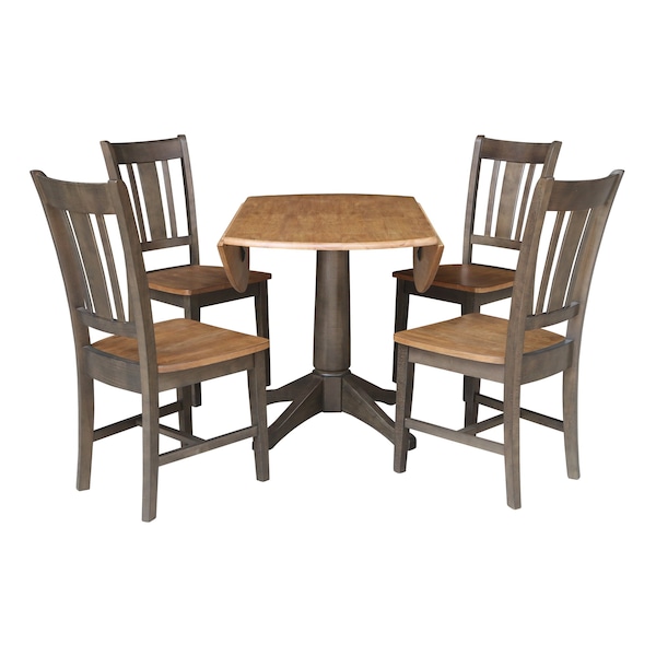 International Concepts Round Round 42 in. Dual Drop Leaf Dining Table with 4 Splatback Chairs in Hickory/Washed Coal, Wood - K45-42DPT-27B-C10-4