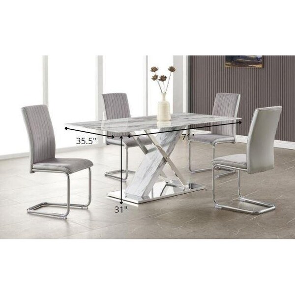Homeroots Elegant Marble Glass Top Dining Table with X Base Stainless Steel Accents - 383834