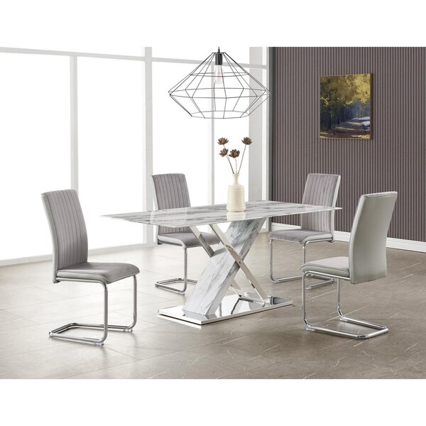 Homeroots Elegant Marble Glass Top Dining Table with X Base Stainless Steel Accents - 383834