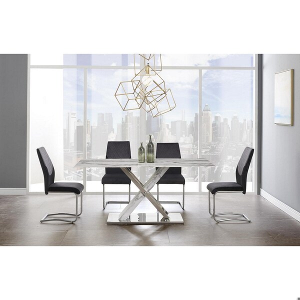 Homeroots Elegant Marble Glass Top Dining Table with X Base Stainless Steel Accents - 383834