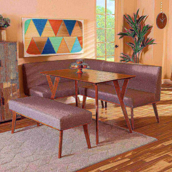 Baxton Studio Odessa Mid-Century Modern Grey Fabric and Walnut Brown Finished Wood 4-Piece Dining Nook Set - 175-10843-10842-10840-ZORO