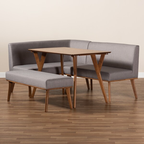 Baxton Studio Odessa Mid-Century Modern Grey Fabric and Walnut Brown Finished Wood 4-Piece Dining Nook Set - 175-10843-10842-10840-ZORO