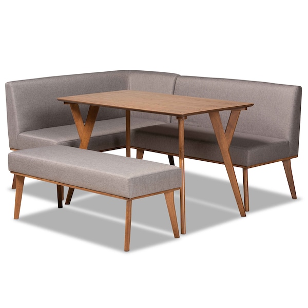 Baxton Studio Odessa Mid-Century Modern Grey Fabric and Walnut Brown Finished Wood 4-Piece Dining Nook Set - 175-10843-10842-10840-ZORO