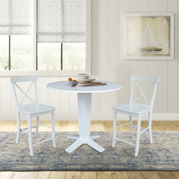 International Concepts 42 in. Solid Wood Dual Drop Leaf Dining Table with 2 Counter Height Stools in White - K08-42DPT-23-S6132-2